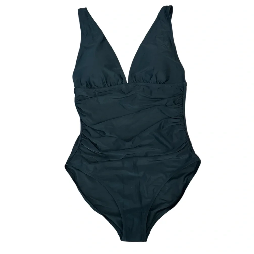 NEW J. CREW Factory‎ V-neck ruched one-piece swimsuit in black Size Large